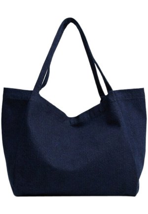 Sac cabas bleu marine en tissu texturé, doté de doubles anses et d'une ouverture supérieure spacieuse avec un pli subtil dans le design.