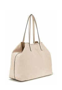 Borsa tote beige con logo "GUESS" in rilievo, piping nero e doppi manici. Design strutturato con un interno spazioso.