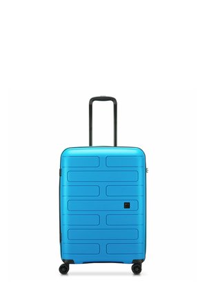 Blue hardshell suitcase with a textured surface, rectangular shape, retractable handle, and four wheels for mobility.