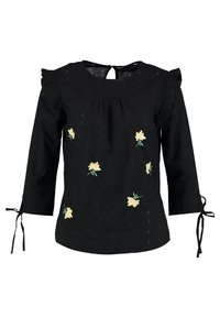 Černá blůza s tříčtvrtečními rukávy, očkovou texturou, květinovou výšivkou v žluté a zelené barvě, volánkovými detaily na ramenou a mašlovými akcenty.