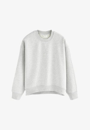 Grauer Sweatshirt mit Rundhalsausschnitt, herunterhängenden Schultern und gerippten Bündchen. Weicher Stoff und verkürzter Saum mit nahtlosem Design.