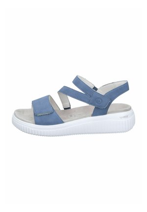 Blue open-toe sandal with three adjustable Velcro straps and a white lightweight sole designed for comfort and support.
