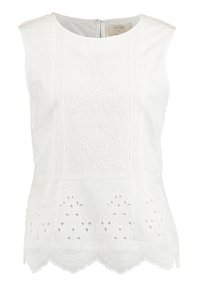 Top bianco senza maniche con ricami floreali intricati e dettagli in pizzo. Presenta un orlo a scollatura e motivi a taglio lungo il bordo inferiore.