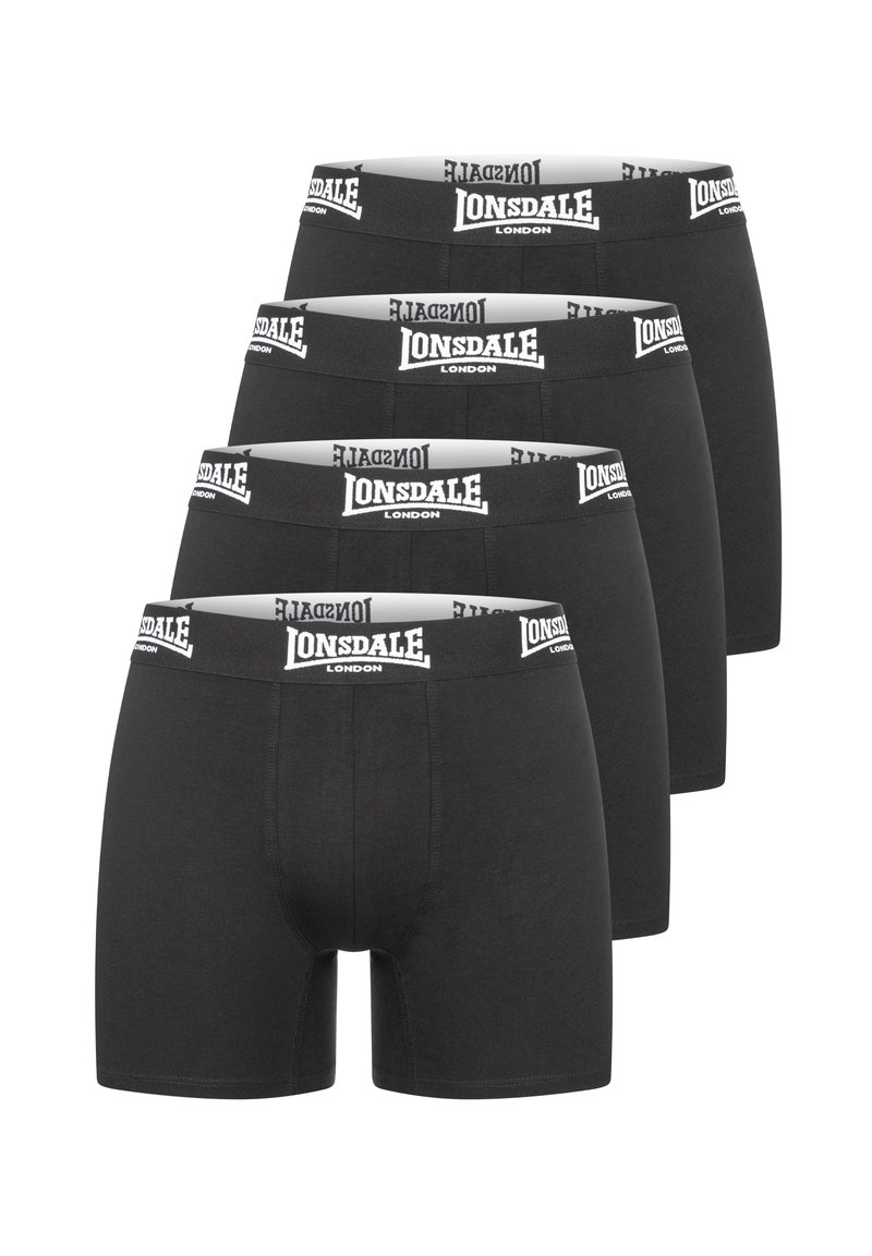 Black cotton boxer shorts featuring a white logo waistband. The fabric is smooth with a fitted design and mid-length legs, suitable for daily wear.