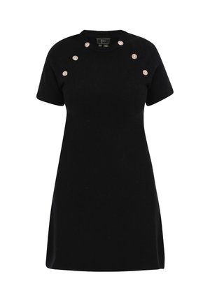 Black fitted dress with short sleeves, round neckline, and decorative round gold buttons along one shoulder. Smooth, soft texture.