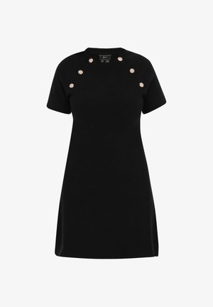 Must mustrõiv mustrihmadega, lühikeste varrukatega, ümmarguse kaelusega ja dekoratiivsete ümmarguste kuldsete nööpidega ühel õlal. Sile ja pehme tekstuur.