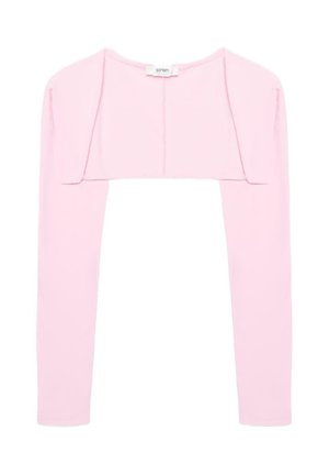 Miękki różowy krótki bolerko z długimi rękawami i prostym, okrągłym dekoltem, zaprojektowany do noszenia warstwowego na bluzkach lub sukienkach.