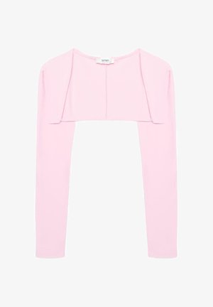 Miękki różowy krótki bolerko z długimi rękawami i prostym, okrągłym dekoltem, zaprojektowany do noszenia warstwowego na bluzkach lub sukienkach.