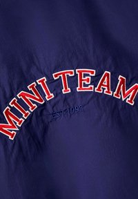 Zila auduma ar sarkanos izšūtiem burtiem "MINITEAM", ar teksturētu apdari un zilos izšuvumus ar norādi "EST 1993" zemāk.