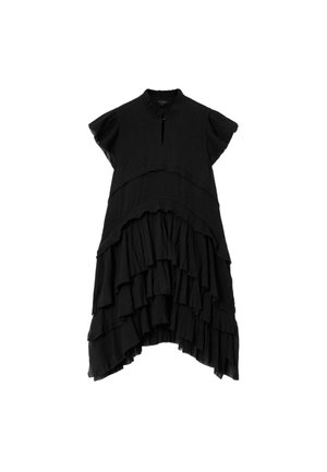 Must lühikeste varrukatega kleit lopsaka krae, nööriava kaeluse ja kihilise asümmeetrilise volangseelikuga.