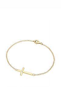 Goldene Kettenarmband mit einem minimalistischen Kreuzdesign und einem kleinen Diamantelement, gesichert mit einem Karabinerverschluss.