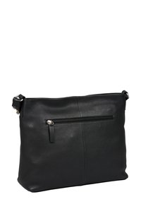 Borsa a mano in pelle nera con una texture morbida, tasca frontale con zip e tracolla regolabile. Forma rettangolare con un leggero motivo a grana.