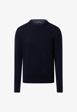Marineblauer Pullover aus feinem Strickstoff, mit Rundhalsausschnitt, langen Ärmeln und gerippten Bündchen sowie Saum. Minimalistisches Design.