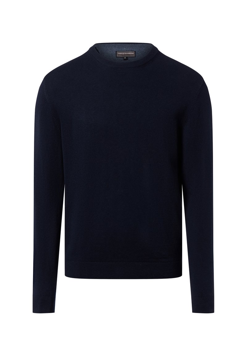 Marineblauwe trui van fijn gebreide stof, met een ronde halslijn, lange mouwen en geribde manchetten en de zoom. Minimalistisch ontwerp.