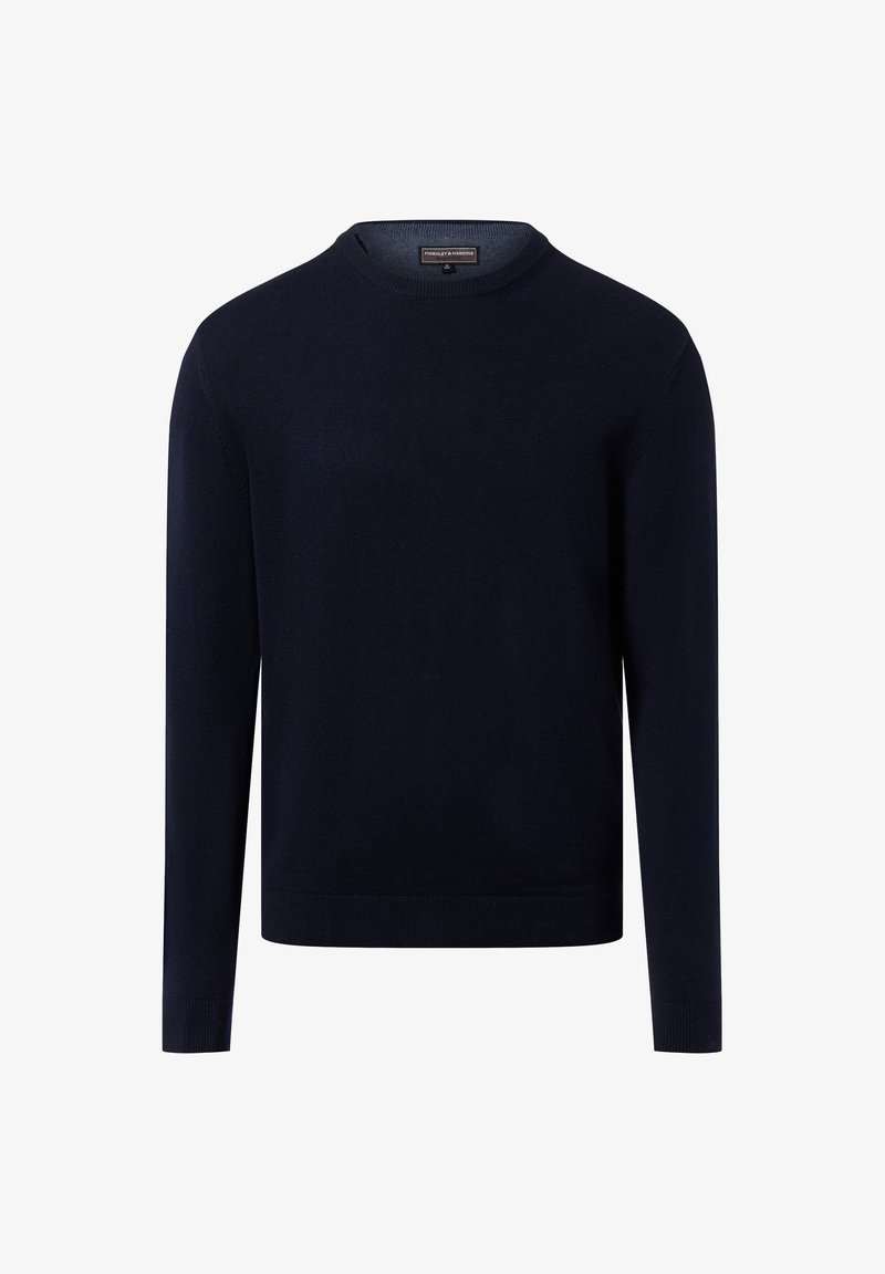 Marineblauwe trui van fijn gebreide stof, met een ronde halslijn, lange mouwen en geribde manchetten en de zoom. Minimalistisch ontwerp.