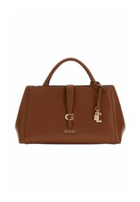 Sac à main synthétique marron au design structuré, avec une quincaillerie dorée, un logo à l'avant et un charm verrou décoratif. Poignées doubles sur le dessus.