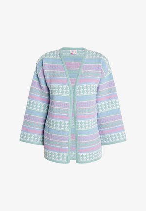 Kootud kardigan, mis on kaunistatud pastelltoonidega, geomeetriliste mustritega, avatud esiosa ja laiade varrukatega. Valmistatud pehmest kangast, millel on kerge tekstuur.