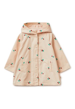 Helles pfirsichfarbenes Regenmantel mit Kapuze, vorderen Druckknöpfen und verstreuten kleinen roten Kirschen mit grünen Blättern, zwei Vordertaschen.