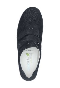 Black suede shoe with floral pattern, dual Velcro straps, rounded toe, cushioned insole, and a smooth rubber sole.