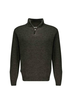Dark green zip-neck sweater made of knit fabric. Features a high collar and ribbed hem. Simple design with a smooth texture.