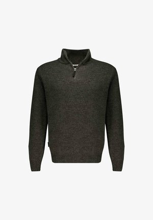 Dark green zip-neck sweater made of knit fabric. Features a high collar and ribbed hem. Simple design with a smooth texture.