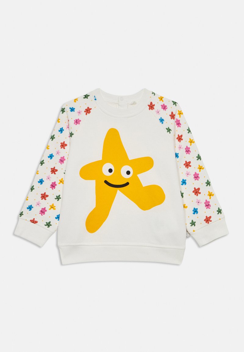 White sweatshirt featuring a large yellow star graphic with eyes and a smile, accented by colorful floral patterns on the sleeves.