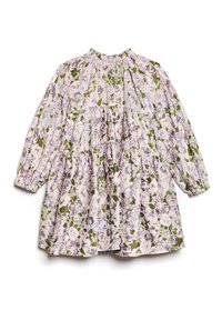 Detské šaty s dlhým rukávom, s nariaseným výstrihom a kvetinovým vzorom v ružovej, šedej a zelenej na bielom pozadí.