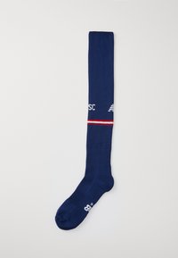 Marina knästrumpa i stickad tyg, med ett röd och vit rand runt vadmuskeln, samt vit logotyp nära ankeln.