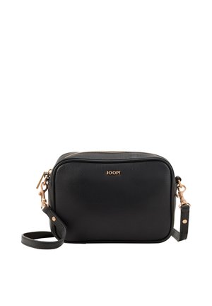 Black rectangular leather crossbody bag with gold hardware and "JOOP!" logo, featuring a detachable strap and zipper closure on top.