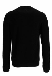 Maglione lungo nero a maniche lunghe con scollatura a girocollo, motivo a maglia testurizzata e polsini a costine. Presenta un piccolo dettaglio sulla parte superiore della schiena.