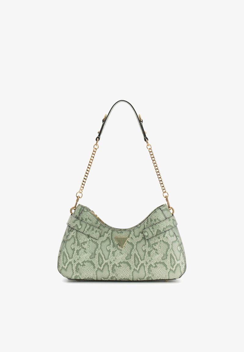 Groene handtas met slangenprint, gouden accenten, een schouderriem met schakels en twee voorvakken. Glad oppervlak met een gebogen silhouet.