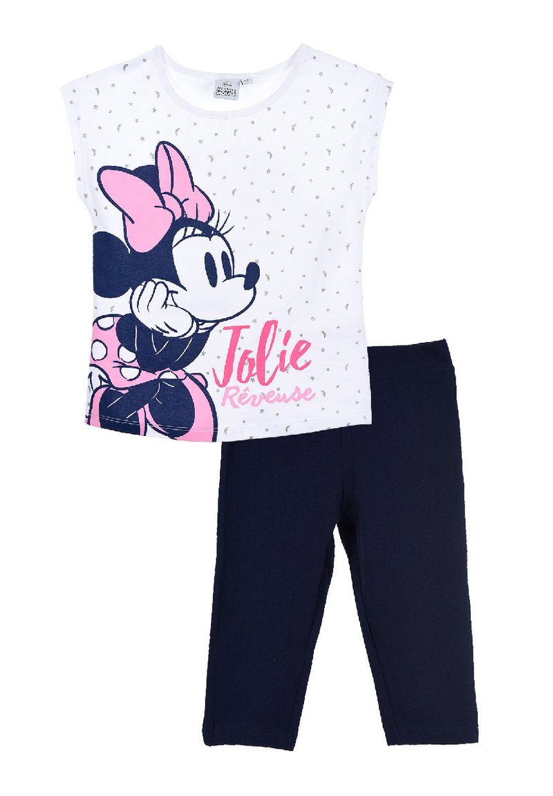 White short-sleeve shirt with a Minnie Mouse graphic and pink accents, paired with navy blue leggings. Soft cotton material with polka dots.