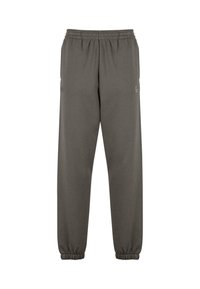 Gray sweatpants made of soft fabric, featuring an elastic waistband, cuffed hems, and a small logo detail on the left thigh.