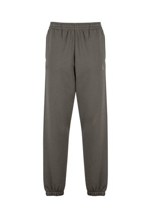 Gray sweatpants made of soft fabric, featuring an elastic waistband, cuffed hems, and a small logo detail on the left thigh.