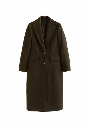 Lange donkerbruine wollen jas met notched revers, twee klepzakken aan de voorkant en twee knopen aan de voorkant.
