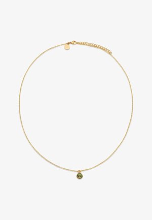 Feine goldene Halskette mit kleinem rundem grünen Edelstein-Anhänger und verstellbarem Verschluss auf weißem Hintergrund.