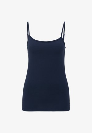Marineblauwe tanktop met dunne bandjes, gemaakt van zachte katoen, met een aansluitend ontwerp en een ronde halslijn, met een gladde textuur en zonder versieringen.