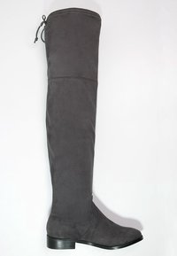 Gray over-the-knee suede boot with a rounded toe, flat black sole, adjustable cinch at the top, and smooth texture throughout.