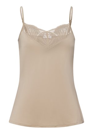 Beige topje met verstelbare dunne bandjes, kantdetails bij de halslijn en een gladde, zachte stofafwerking. uitlopende onderkant.
