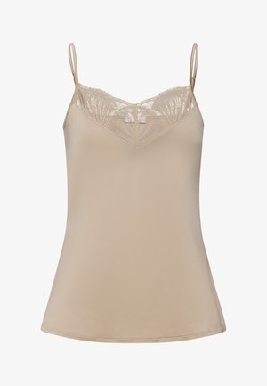Beige topje met verstelbare dunne bandjes, kantdetails bij de halslijn en een gladde, zachte stofafwerking. uitlopende onderkant.