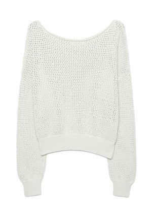 Bel bel pulover z dolgimi rokavi, bel, pleten z rahlo odprtim vzorcem in rebrastimi manšetami ter robom.