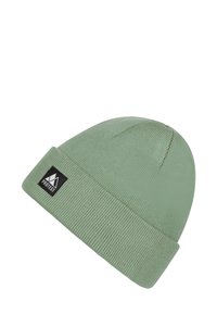 Groene gebreide beanie met een geribbelde textuur en een omgeslagen rand. Heeft een klein zwart label met een berglogo.