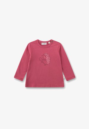 Rosa Langarmoberteil aus Baumwolle mit einem Igel-Motiv, der eine Blume auf der Vorderseite hält. Druckknopfverschluss an der Schulter.