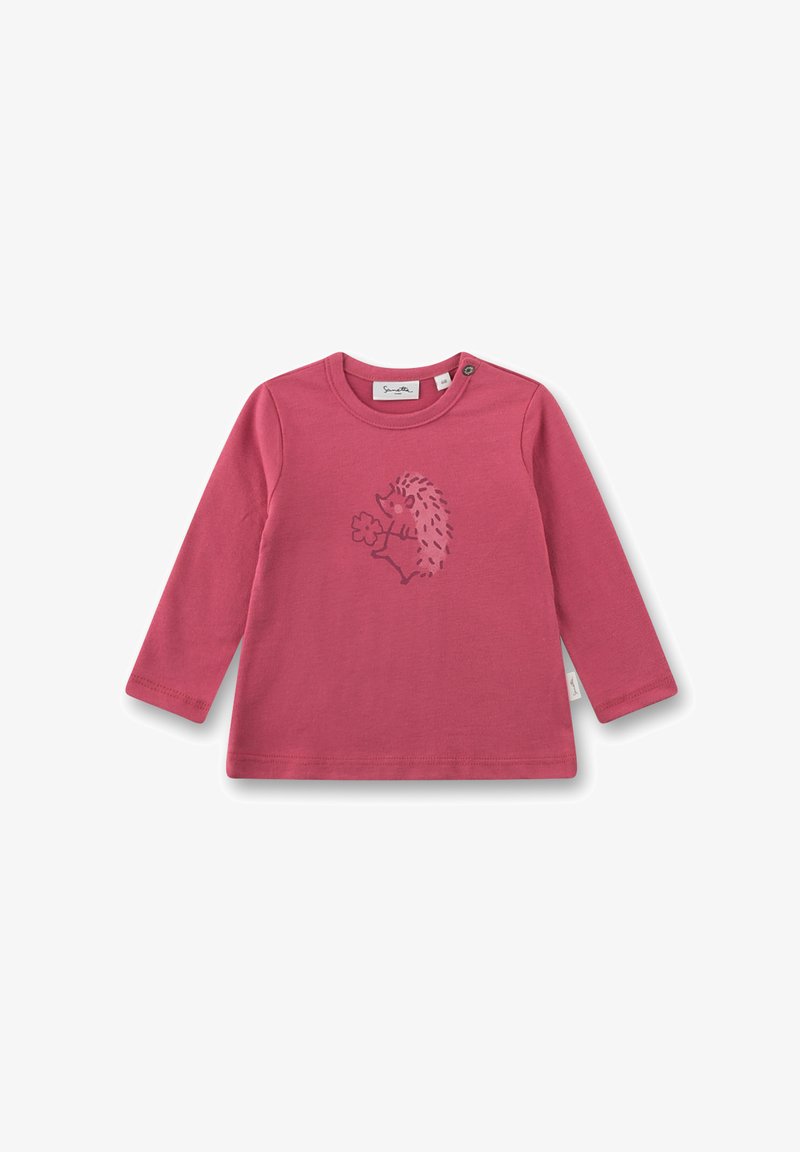 Rosa Langarmoberteil aus Baumwolle mit einem Igel-Motiv, der eine Blume auf der Vorderseite hält. Druckknopfverschluss an der Schulter.