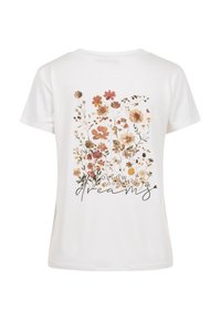 Chemise blanche à manches courtes avec des fleurs sauvages colorées et la phrase « Suivez vos rêves » en polices mixtes au dos.