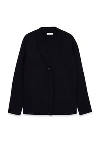 Črn kardigan iz mehkega pletenega materiala, s globokim V-izrezom, rebrastimi manšetami in enim gumbom na sprednji strani.