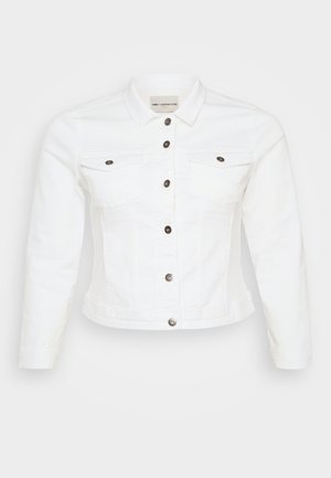 Λευκό τζάκετ από τζιν με μακριά μανίκια, κουμπί μπροστά, δύο τσέπες στο στήθος και ασημί κουμπιά. Λείο υλικό και σχέδιο cropped.