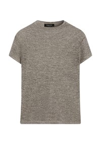 Grijze T-shirt met korte mouwen, gemaakt van een gestructureerde breistof met een ronde halslijn. Het ontwerp is casual en recht, zonder versieringen.