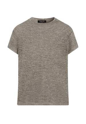 Szary t-shirt z krótkim rękawem wykonany z teksturowanej dzianiny, z okrągłym dekoltem. Projekt jest casualowy i luźny, bez ozdób.