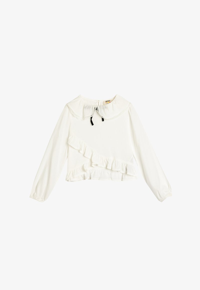 Weißes Langarmblusenshirt mit Rüschendesign, rundem Kragen und schwarzem Bindeband. Glattes Material mit strukturiertem Saum.